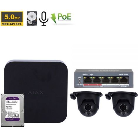 Ajax NVR Kit videosorveglianza Nero + TurretCam 5Mp + HDD 1Tb + Switch PoE - 70938 NR.02 Telecamere
