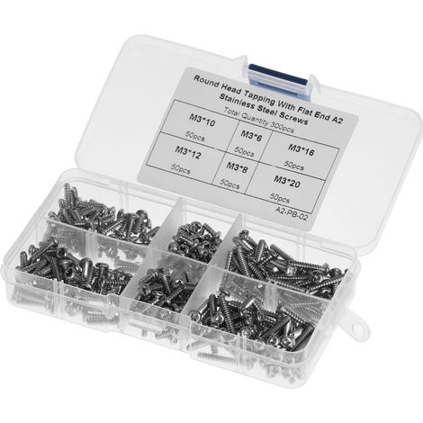 Kit de 300 vis M3 assorties, en acier inoxydable 304, à tête cruciforme et extrémité plate, autotaraudeuses. (1/5)