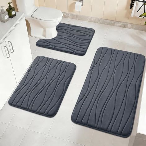 Lot de 3 tapis de bain doux en mousse à mémoire de forme, antidérapant, lavable, absorbant l'eau, en forme de U, pour douche, WC et baignoire (gris) (1/5)