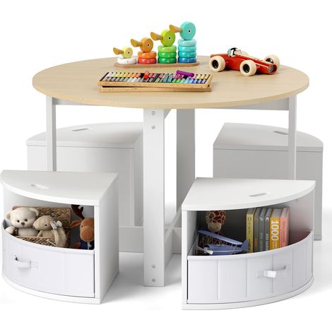 Costway – Table enfant ronde avec 4 chaises empilables – 4 tiroirs en tissu pliables – MDF robuste – Charge 50 kg – Dimensions 79x79x51 cm