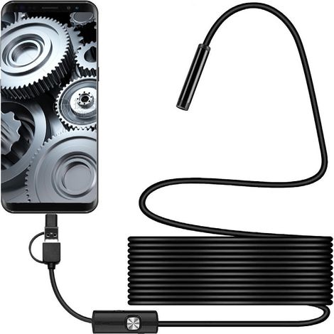 Endoscope, Camera Endoscopique 5m Câble Semi-Rigide, Endoscopique Type C, 3 en 1 USB, Étanche IP67, 6 Lumières LED, pour Android, Tablette et PC Windows