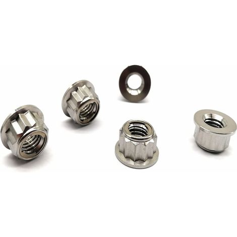 Écrous à Bride en Titane M10x1.5mm, Écrous Bi-hexagonal 12PT, Écrou Sécurité Autofreiné Avec Filetage, Écrou de Blocage avec Bride Contre-écrou de Pignon de Moto, 5 Unités (1/5)