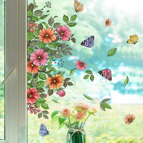 Fleur de Jardin Autocollant Fenêtre Papillon Plantes Fenêtre Stickers Vitre Stickers Anti-Collision Stickers Réutilisables Double Face pour Fenêtre Café Verre Porte Décoration (1/5)