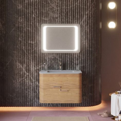 Mobile Bagno Sospeso 80Cm Cassetti Rovere Miele, Lavabo Nero Opaco  Hollywood