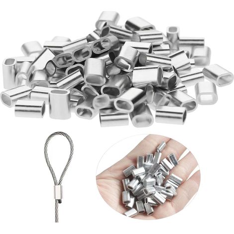 Lot de 120 serre cable acier en Aluminium de 3 mm, Manchons de Serrage en Métal pour Cordes, Connecteurs de Câble, Câble en Acier et Autres Applications, Durable et Fiable (Argenté) (1/5)
