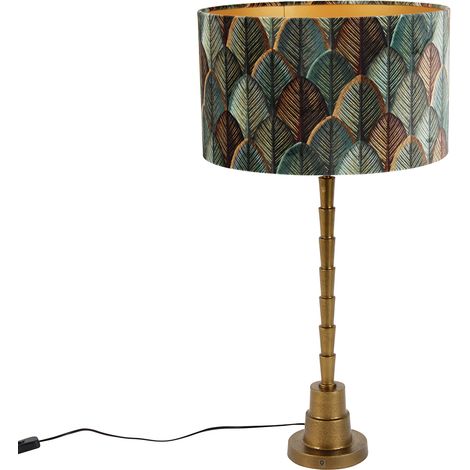 Table Lamp Bronze with Velvet Lampshade Leaf Design and Gold Interior - Pisos (1/5)