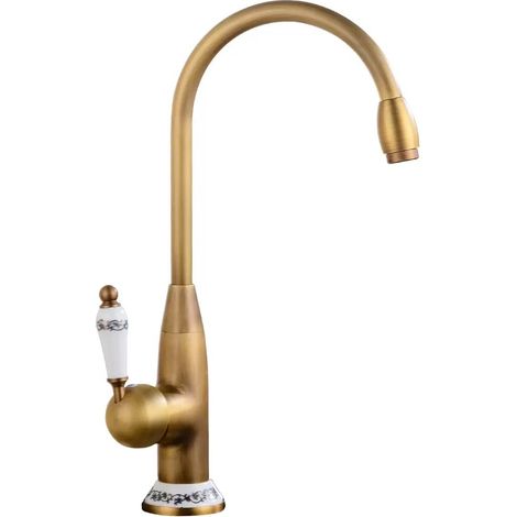 Robinet en bronze antique - Robinet de lavabo pivotant à 360°, poignée en céramique, tuyau d'arrivée d'eau chaude et froide (1/5)