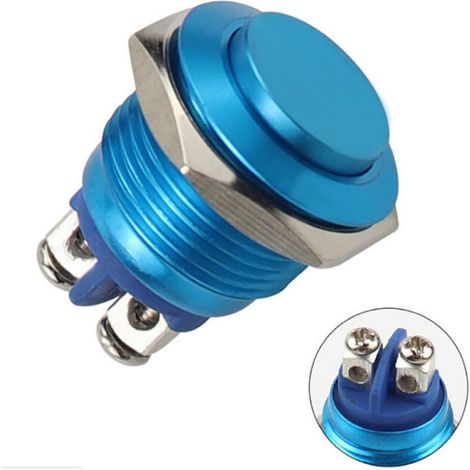 Interrupteur à bouton-poussoir en métal, 220 V, 16 mm, étanche, rond, en acier inoxydable, à réinitialisation automatique, normalement ouvert, tête haute (bleu) (1/4)