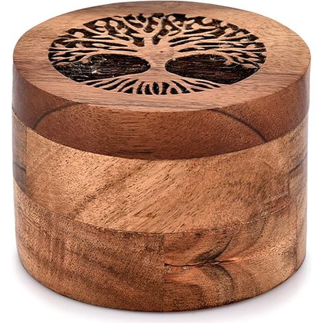 Boîte à épices en bois d'acacia avec couvercle pour cuisine, comptoir, boîte de rangement ronde pour épices (8,89 x 8,89 x 6,35 cm) (1/4)