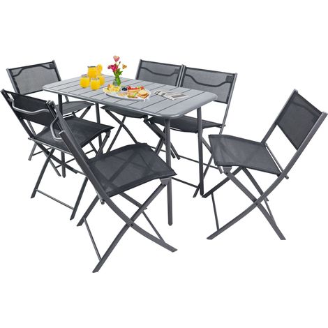 VCM 7 pcs Conjunto de muebles de jardín  Grupo de asientos Grupo de comedor  1xMesa, 6x Sillas  Mesa Dimensiones aprox. AL. 72 x AN. 110 x P. 55 cm  Barra plegable  Conjunto de jardín - Sumila (Negro)