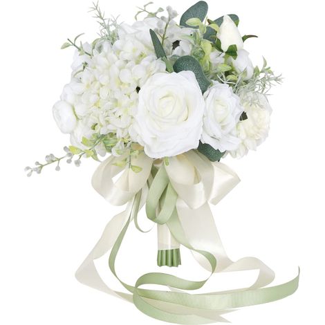 Bouquet de Mariage Blanc Artificiel, 27,9 cm de Haut x 20,3 cm de diamètre, Rond, Style Traditionnel, 1 pièce, Comprend Un Vase, décoration d'intérieur (1/5)