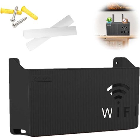 Caja de gestión de cables para router WiFi de pared, estante flotante de pared, caja de soporte WiFi, estante flotante decorativo negro, para decoración de pared de casa y oficina.