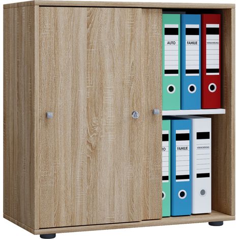 Ebuy24 – Mobile ufficio VCM armadietto moderno con 2 scomparti e porte scorrevoli – Dimensioni L. 70 x A. 73 x T. 37 cm – Struttura in legno effetto rovere (1/2)
