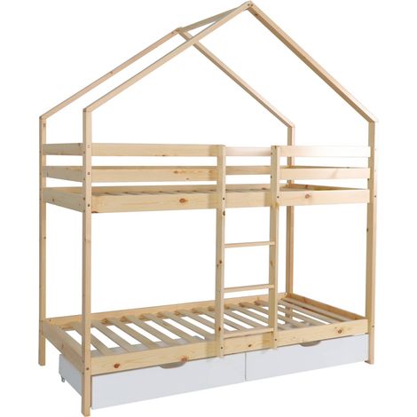 sweeek - Kinder-Etagenbett Hausbett 90 x 190 cm aus naturbelassenem Kiefernholz mit Schubkästen (1/5)