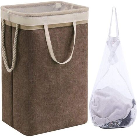 Großer Wäschekorb 60 x 41 x 31 cm, Faltbarer Wäschesack mit Seilgriffen, Aufbewahrungsbehälter geeignet für Schlafzimmer, Waschküche, Badezimmer, Beige+Kaffee