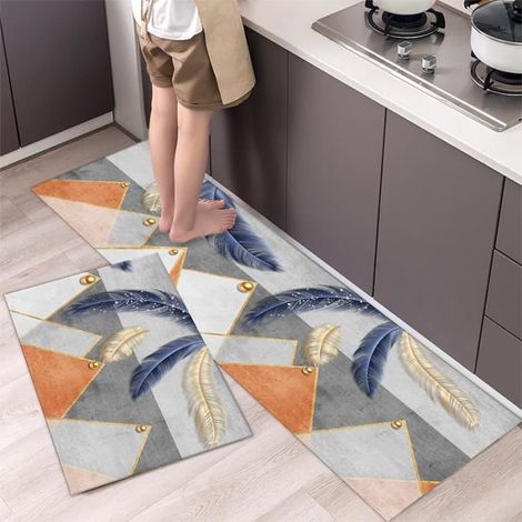 2 Küchenläufer 40x120cm & 40x60cm, rutschfest und saugfähig für vor dem Spülbecken – Farben: Orange, Grau, Blau