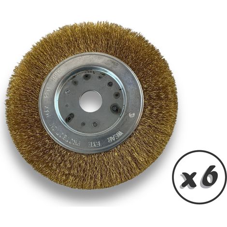 Lot de 6 brosses circulaires LAITON  Ø 150 mm  Epaisseur 1 rang  Fil souple 0.20 mm ondulé  Alésage 20 mm + réducteur bague 16/12 mm  Touret meuleuse affûteuse ponceuse  Kibros 215151LVx6