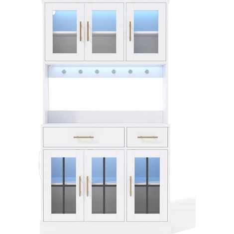 Aparador de cocina blanco de MDF con LED y enchufe, 6 puertas y 2 cajones, 100 x 40 x 180 cm (1/5)
