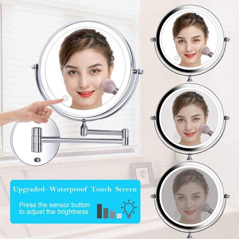 Specchio da trucco a parete con illuminazione LED bifacciale, ingrandimento 10X, specchio da bagno, rotazione a 350°, ricarica USB, braccio estensibile, cromato - ALTRO (1/3)