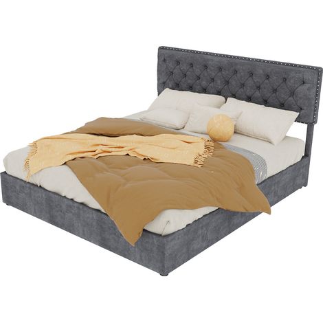 Lit coffre 160/200 cm gris en tissu et métal avec sommier relevable et matelas inclus (1/5)