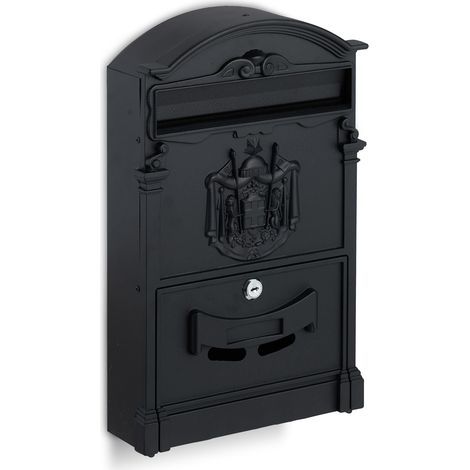 Boîte aux lettres murale vintage en acier 40 x 30 x 10 cm avec serrure design antique en noir (1/5)