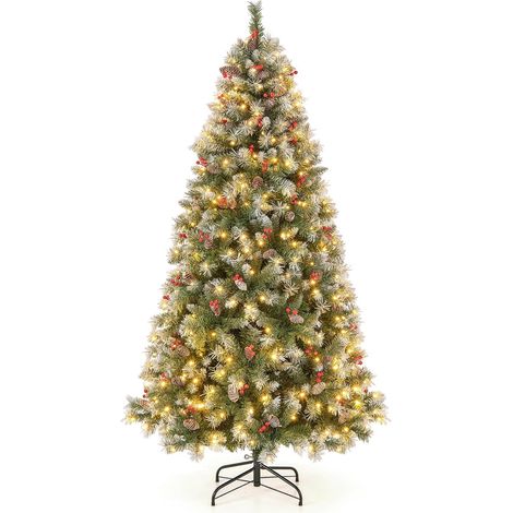 COSTWAY Albero di Natale Pre-Illuminato da 150/195 cm, Albero di Natale Artificiale con Cerniere e 200/420 Luci LED Bianche Calde, 8 Modalità di Illuminazione, 450/909 Punte di Ramo, Bacche Rosse e Pi (1/5)