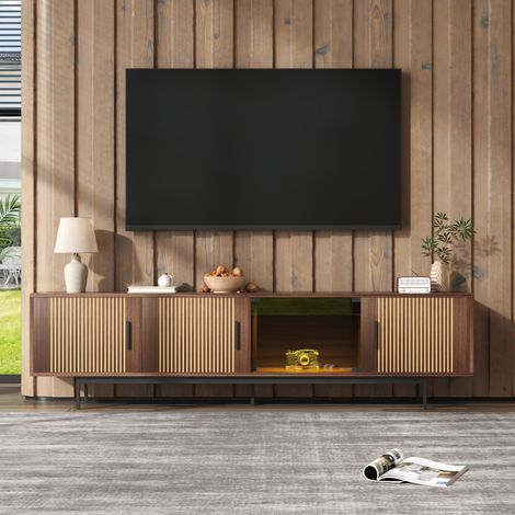 Meuble TV 200 x 35 x 53 cm avec LED, porte en verre trempé, noir et marron noyer DESVIAE (1/5)