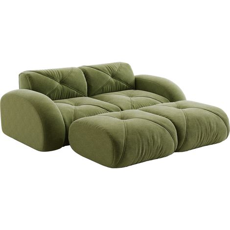 Divano modulare a 2 posti in ciniglia verde con 2 pouf, senza montaggio (1/5)