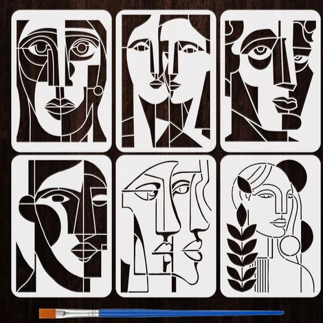 6Pcs Pochoir Abstrait pour Peinture de Visage Avec Pinceau 21x29.7cm Silhouette de Visage Humain Figures Géométriques Abstraites pour Peinture sur Bois Mur Meubles Décoration Intérieur (1/5)