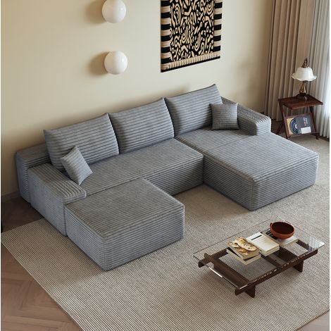Divano angolare grigio in velluto a coste, con chaise longue e imbottitura in schiuma (1/5)