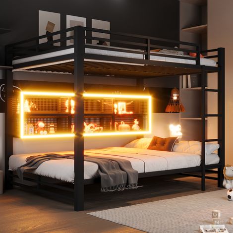 Lit superposé 140x200 cm - Avec 6 rangements, LED - En métal - Noir (1/5)