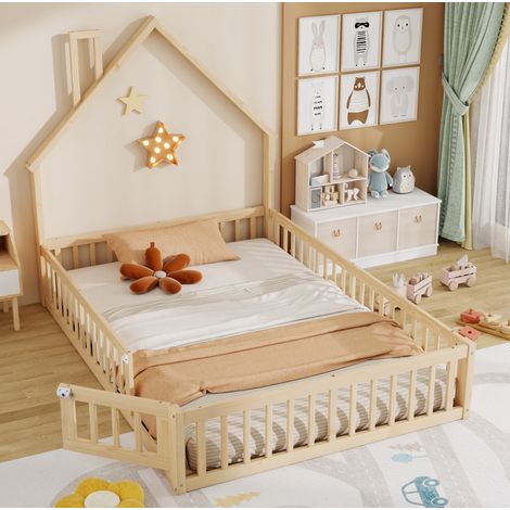 Letto per bambini in legno di pino naturale 140x200 cm con rete a doghe e barriera di sicurezza (1/5)