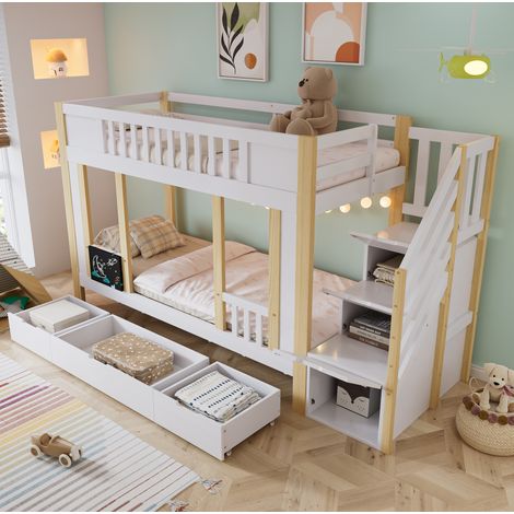 Lit superposé 90x200 cm avec escalier de rangement, 3 tiroirs et ardoise, en bois, blanc et naturel, sans matelas (1/5)