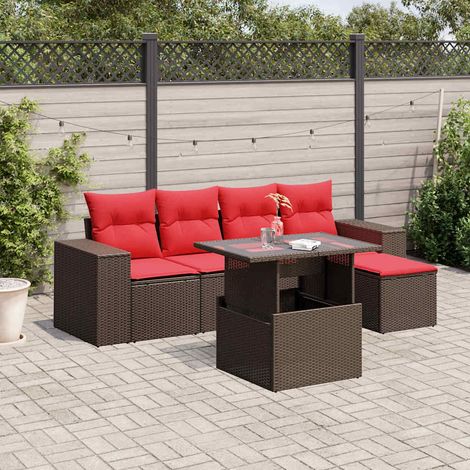 Ensemble de mobilier de jardin 6 pièces avec canapé, table, repose-pieds et coussins marron en résine tressée résistante aux intempéries (1/5)