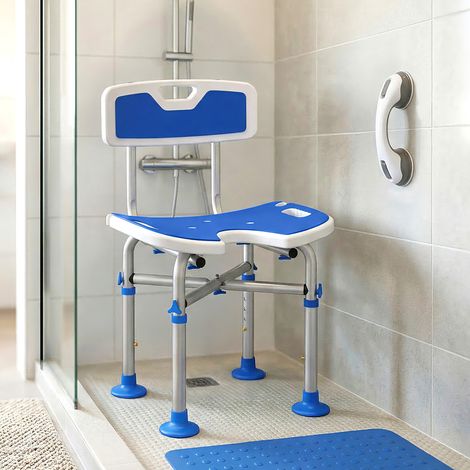 Chaise de douche pour seniors, antidérapante avec dossier, hauteur réglable, support pour pommeau de douche, capacité de charge 150 kg, bleue (1/5)
