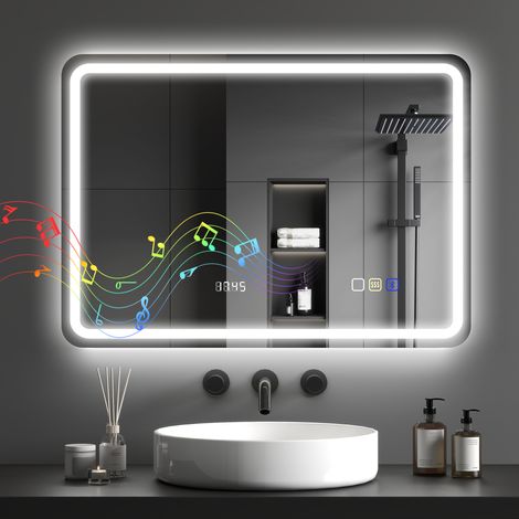 Miroir salle de bain bluetooth avec éclairage LED 50 x 70 cm lumineux mural horloge antibuée argenté (1/5)