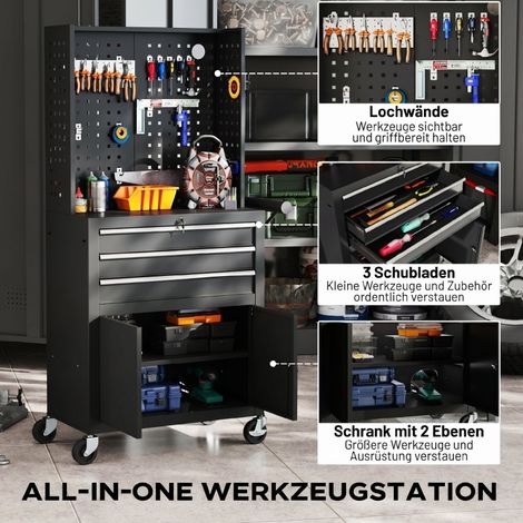 Armoire à outils mobile avec tableau perforé, 3 tiroirs et double porte, acier noir, pour garage et atelier (1/5)