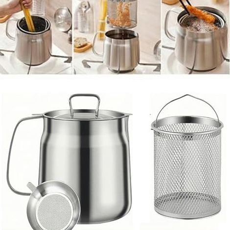 Friteuse en acier inoxydable 304 de 2 litres avec panier et passoire, récipient de 2 litres avec filtre à huile pour conserver la graisse de bacon, petite friteuse compatible lave-vaisselle pour la cu (1/5)