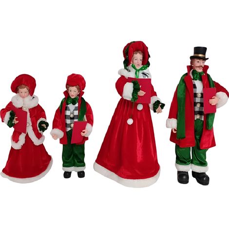 Set 4 Cantori Natalizi Vestiti in Rosso bianco verde a scacchi Decorazione Natalizia Famiglia Cantori coro di natale eleganti e particolari grandi da 30 a 45 cmidea regalo