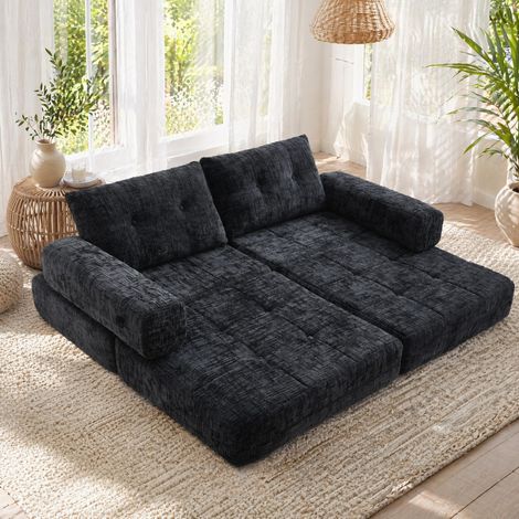 Sofá cama plegable 79x79x57 cm negro con cojines, chenilla y espuma de alta densidad MEUBLIV (1/5)