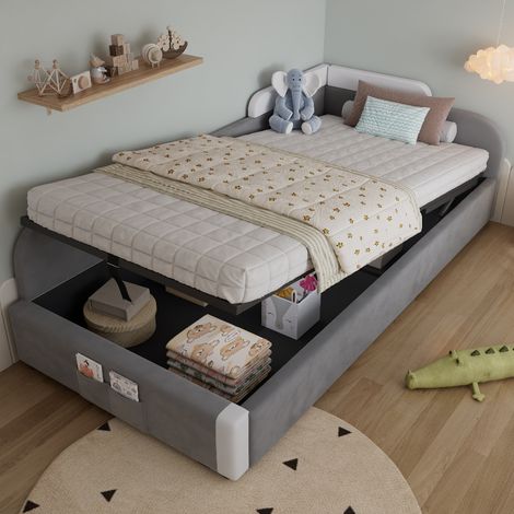 Lit coffre enfant 90x200 avec rangement hydraulique et barrière de sécurité, lit capitonné 1 place en velours gris avec sommier à lattes (1/5)