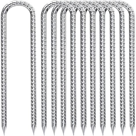 Lot de 8 Piquets Ancrage Sol 30cm, Acier Galvanisé, pour Trampoline, Tente, Jardin (Argent, U, 8 pcs)