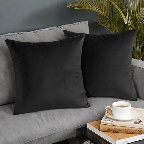 Lot de 2 Velours Housses de Coussins, Velours Doux Canapé Taie d'oreiller, Housse Coussin Super Lisse Doux Confortable, Lavable, pour Bureau, Chaise, Maison, Salon, Chambre-45x45 cm(Noir) (1/5)