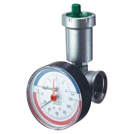 Mittlerer Anschluss, verchromt, mit Entlüftungsventil, Thermomanometer und Stopfen FAR 3436  1"
