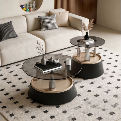 Set de 2 tables basses gigognes rondes en verre trempé et métal, pour salon et petits espaces, noir (1/5)