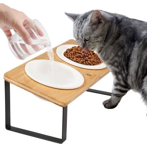 KLVGTIFS PU - Gamelle Chat Surélevée, Gamelle pour Chat avec Support Incliné,Gamelle pour Chat Anti-vomissements de 5.5" de Diamètre,Couleur Bois (1/5)
