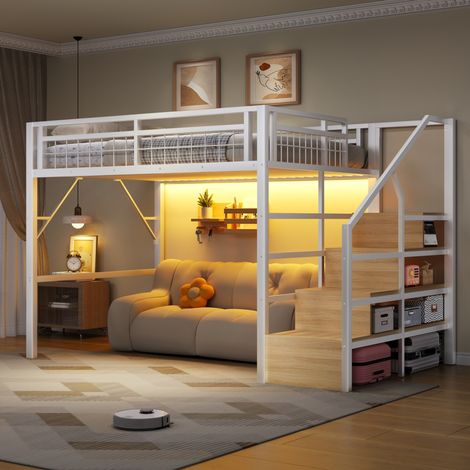 Lit 140x200 avec LED, escalier rangement blanc HAVRYA (1/5)
