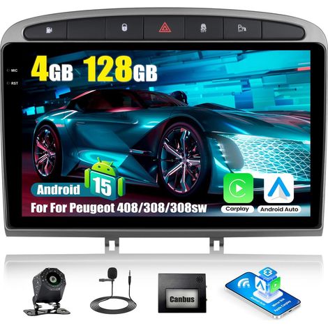 Android15, 4G+128G Autoradio pour 308 308SW 408 2007-2015 avec Wireless Carplay Android Auto, 9 Pouces Poste Radio Voiture 2Din avec GPS Navi WiFi Bluetooth FM/RDS EQ SWC Caméra (1/5)