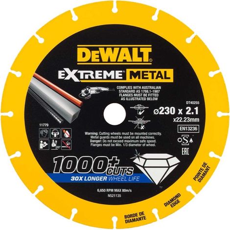 Dewalt – Disque diamant 230mm pour meuleuse – Alésage 22.23mm – Coupe métal, acier inoxydable, fonte – Durée de vie 30x supérieure