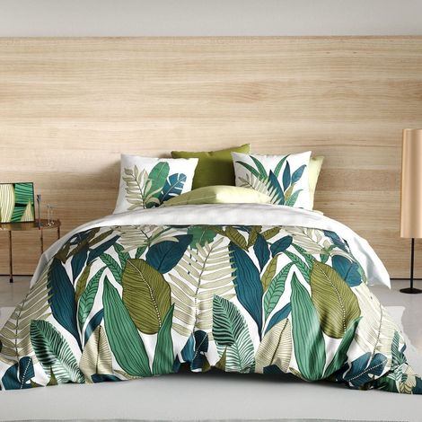 Parure housse de couette 260x240cm + 2 taies motif feuilles palmiers 100% coton - MELCHIOR (1/4)